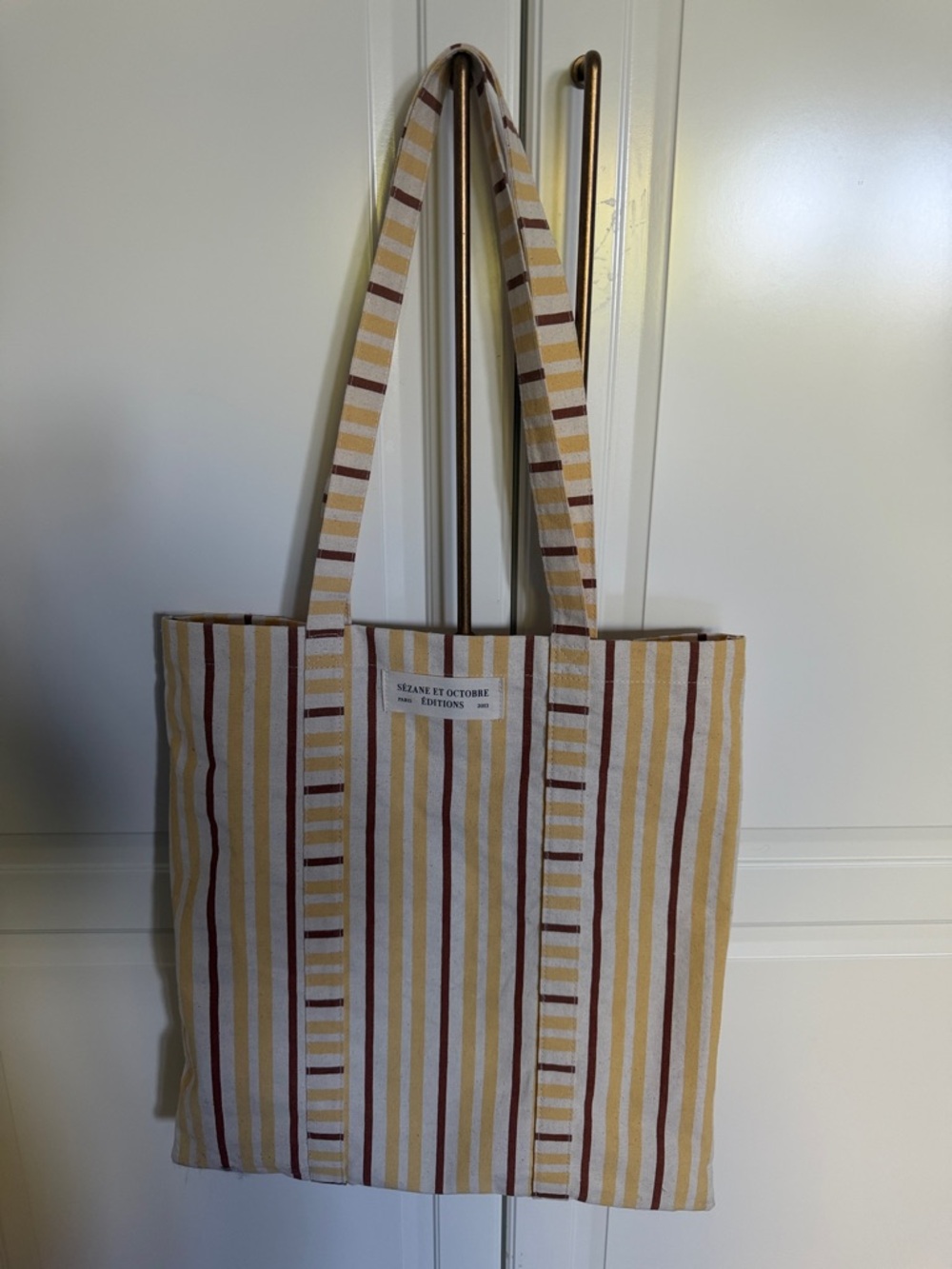 Sezane Striped Canvas Tote in Yellow, Cream, and Brown